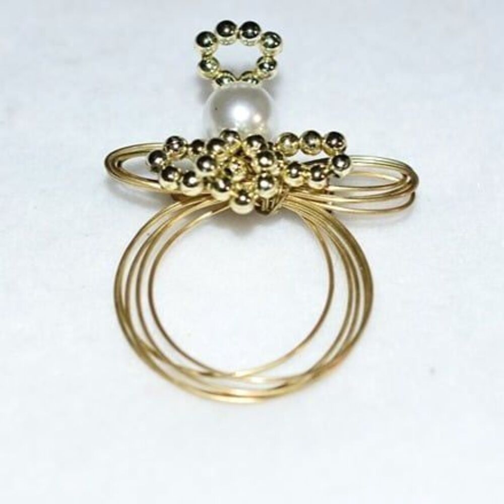 Vintage Gold Tone Wire /Beads Faux Pearl Christmas Angel Brooch